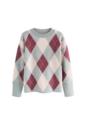 Rundhals-Pullover mit grau-, pink- und kastanienbraunem Argyle-Diamantmuster und breiten Rippenbündchen an den langen Ärmeln.