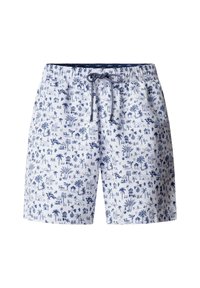 Weiße Badeshorts mit marineblauem tropischem und architektonischem Muster, elastischem Bund und marineblauem Kordelzug, vorne zu einer Schleife gebunden.
