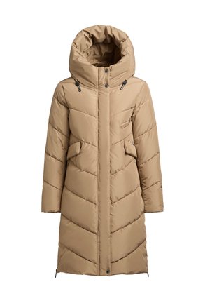 Pehmete kergepruunidega parka kõrge kraega, millel on esilukustus, kaks küljetaskut ja chevron-õmblused. Reguleeritav kapuuts ja alumine äär.