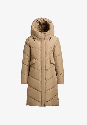 Pehmete kergepruunidega parka kõrge kraega, millel on esilukustus, kaks küljetaskut ja chevron-õmblused. Reguleeritav kapuuts ja alumine äär.