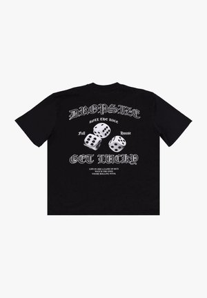 T-shirt in cotone nera con scollatura rotonda. Presenta una stampa grafica bianca di dadi e testo sul retro, con una vestibilità comoda.