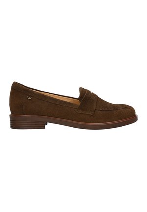 Brown suede loafers with a rounded toe, featuring a front flap detail and a low stacked heel. Smooth interior lining and textured exterior.