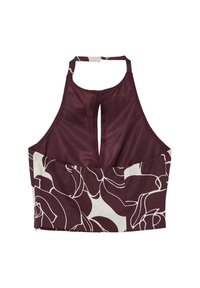 Top halter bordeaux con dettaglio a chiave sulla schiena. Caratterizzato da un motivo floreale bianco nella parte inferiore e da una texture liscia in tutto il capo.