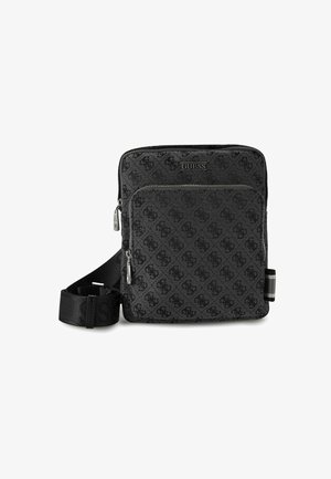 Sac bandoulière noir à motif avec design de logo, deux compartiments zippés, bandoulière réglable et matériau texturé. Détail de couture renforcée.