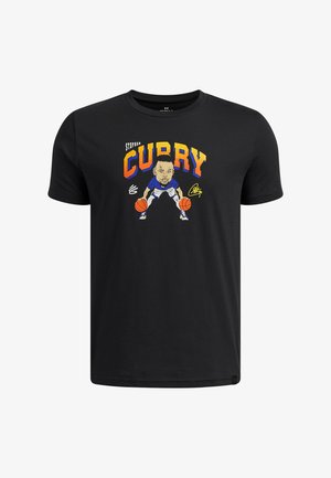 Schwarzes Baumwoll-T-Shirt mit einer Grafik eines Spielers in Cartoon-Stil, der zwei Basketbälle hält, und dem Schriftzug „Stephen Curry“.