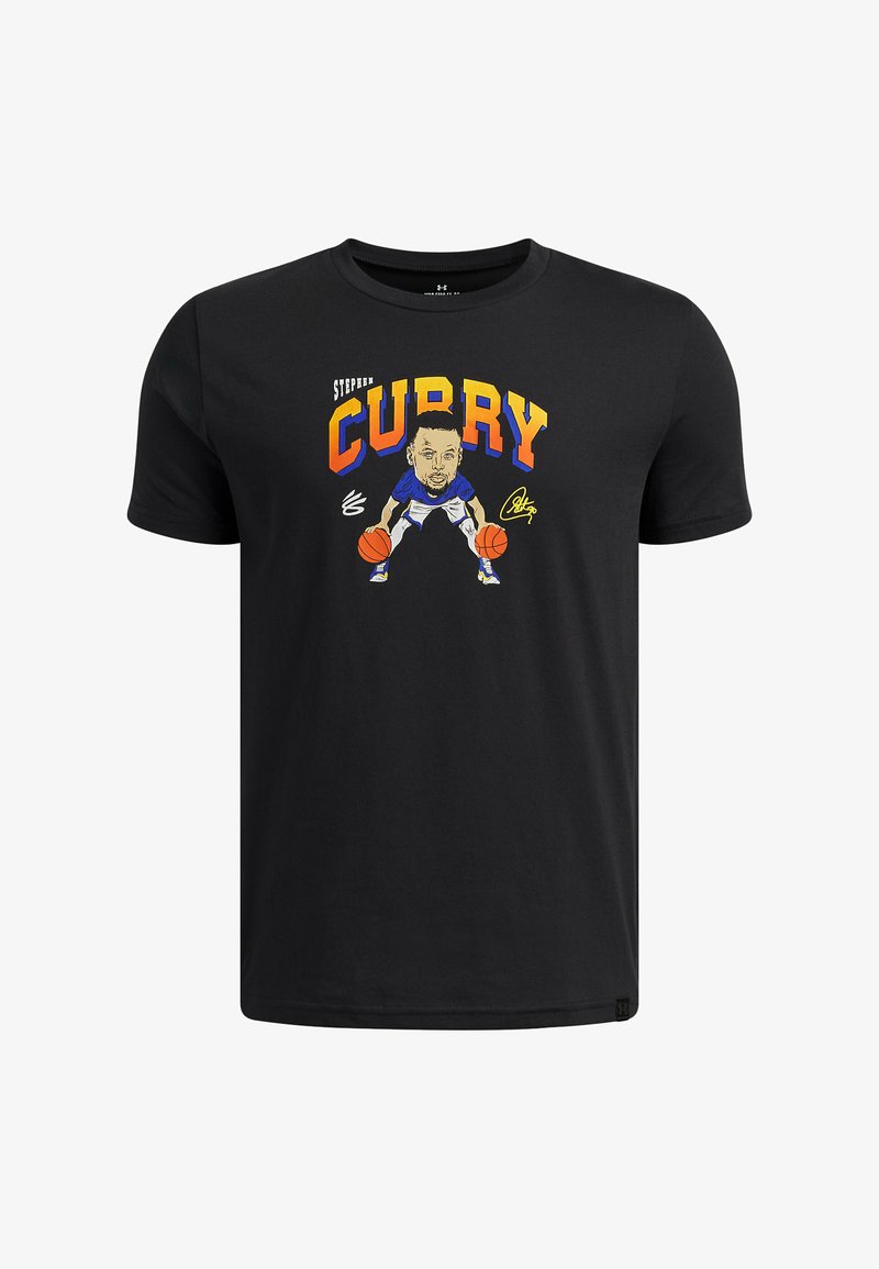 T-shirt en coton noir avec un motif représentant un joueur dans un style cartoon, tenant deux ballons de basket, avec le texte « Stephen Curry ».