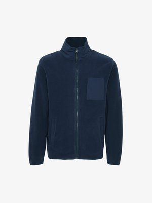 Navy fleece zip-up jacket with a high collar, two side pockets, and a left chest pocket. Smooth texture and casual fit.