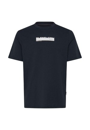 Marineblaues T-Shirt aus Baumwolle mit kurzen Ärmeln, versehen mit einem weißen Logodruck. Rundhalsausschnitt mit gerade geschnittenem Saum und minimalen Details.