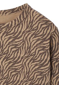 Brown and khaki long-sleeve shirt with a tiger stripe pattern; features a crew neckline and soft, textured fabric.