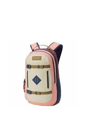 Zaino compatto bicolore beige e rosa con spallacci regolabili, fibbie frontali e una piccola maniglia superiore, progettato per un uso casual.