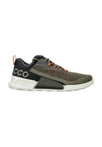 Shoe in olive green and black mesh, with a white sole. Features red accents and "ECCO" branding. Modern design with a raised heel.