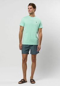 Svetlo mätová bavlnená tričko s okrúhlym výstrihom, skombinované s tmavomodrými pruhovanými krátkymi plavkami. Model má na sebe hnedé sandále.