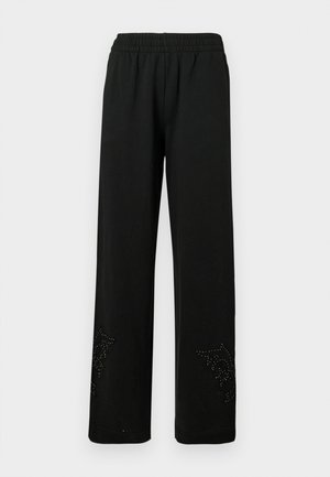 Pantalones de pierna ancha negros, confeccionados en una tela suave, con una cinturilla elástica y un diseño decorativo de tachuelas en el dobladillo.