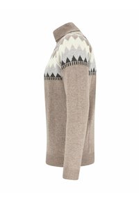 Beige Rollkragenpullover mit geometrischem Zickzackmuster in Weiß, Grau und Schwarz über der Brust und den oberen Ärmeln.