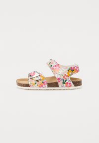 Colorful floral-patterned sandal with adjustable buckle, cork footbed, and white outsole. Straps designed for comfort and support.