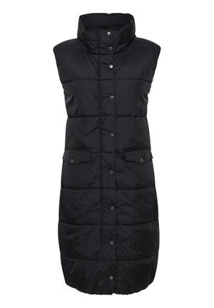 Gilet invernale senza maniche di colore nero con alto collo, chiusura a bottoni a pressione, due tasche frontali e motivo trapuntato per isolamento e stile.