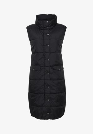 Mustavesi ilmanhihaan puffer-vestissä on korkea kaulus, napitus, kaksi etutaskua ja tikattu kuviointi eristyksen ja tyylin vuoksi.