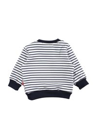 Sweatshirt pour enfants rayé bleu marine et blanc avec poignets et ourlet côtelés, encolure ronde, et petite étiquette sur le côté. Matière en coton doux.