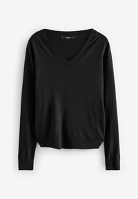 Pull noir à manches longues avec un décolleté en V. Fabriqué en tissu doux, avec des poignets et un ourlet côtelés. Design simple sans motifs ni accents.