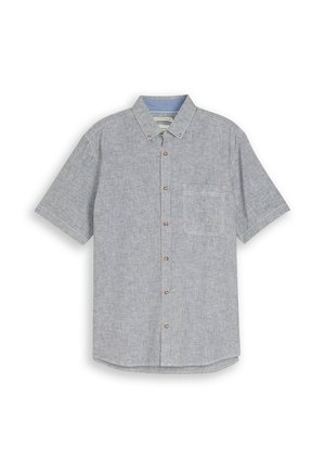Chemise à manches courtes boutonnée avec fines rayures verticales grises et blanches, poche poitrine et col boutonné.