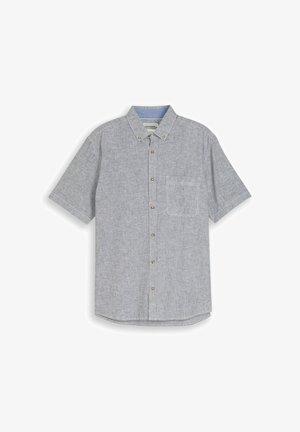 Chemise à manches courtes boutonnée avec fines rayures verticales grises et blanches, poche poitrine et col boutonné.