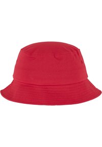 Roter Baumwoll-Bucket-Hut mit einer runden Krone und einem breiten, nach unten geneigten Rand. Verfügt über gestickte Details am Rand.