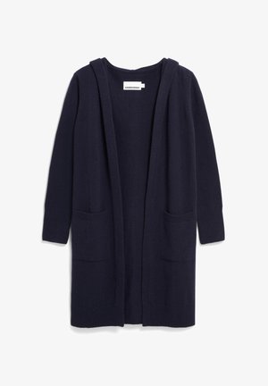 Marineblauer Cardigan mit Kapuze, offenen Vorderteil, langen Ärmeln, gerippten Bündchen und zwei vorderen Taschen, aus weichem, strukturiertem Stoff gefertigt.