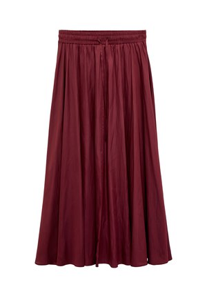 Długa, zwiewna spódnica w kolorze bordowym z marszczonym elastycznym pasem i przednim ściągaczem, wykonana z lekkiego materiału.