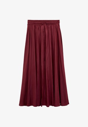 Długa, zwiewna spódnica w kolorze bordowym z marszczonym elastycznym pasem i przednim ściągaczem, wykonana z lekkiego materiału.
