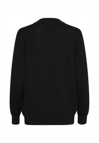 Pull en tricot noir à manches longues, avec des poignets côtelés et une texture douce. Présente un design de col classique et une coupe ample.