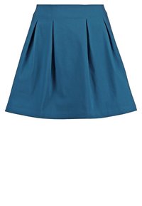 Gonna plissettata di colore teal realizzata in tessuto misto cotone. Forma a A con una texture liscia e un taglio di lunghezza media, adatta a diverse occasioni.