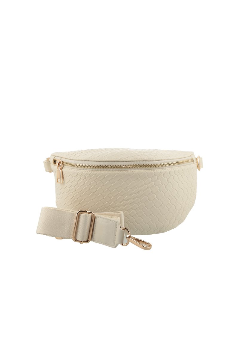 Borsa in pelle intrecciata di colore crema con forma arrotondata, chiusura con zip e finiture in tono oro. Include una tracolla in tessuto removibile.