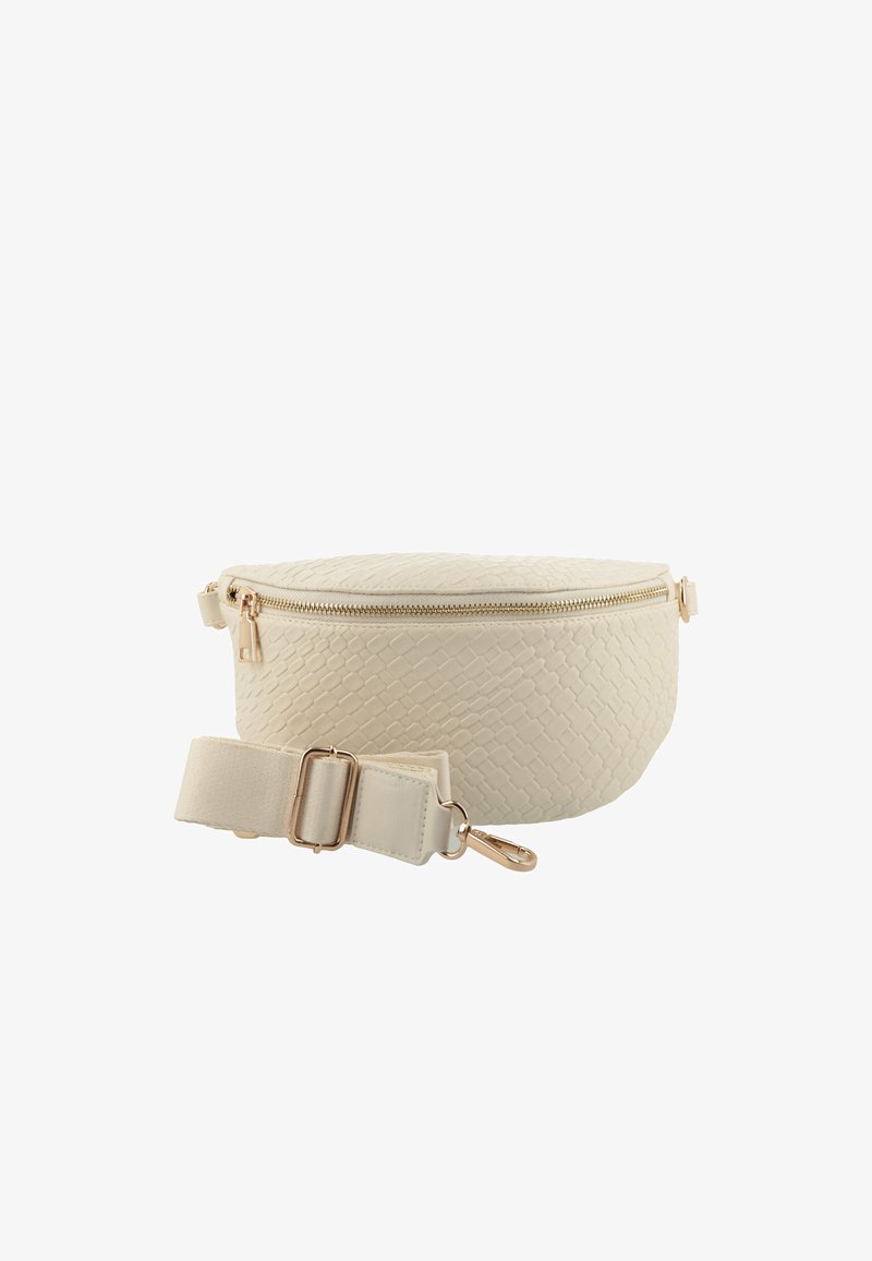 Borsa in pelle intrecciata di colore crema con forma arrotondata, chiusura con zip e finiture in tono oro. Include una tracolla in tessuto removibile.