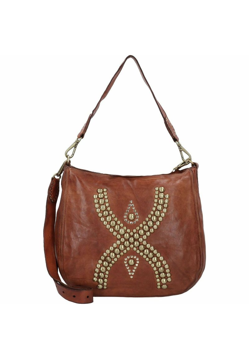 Borsa a tracolla in pelle marrone con forma morbida, caratterizzata da borchie metalliche disposte in un motivo decorativo. Include una tracolla per il trasporto.
