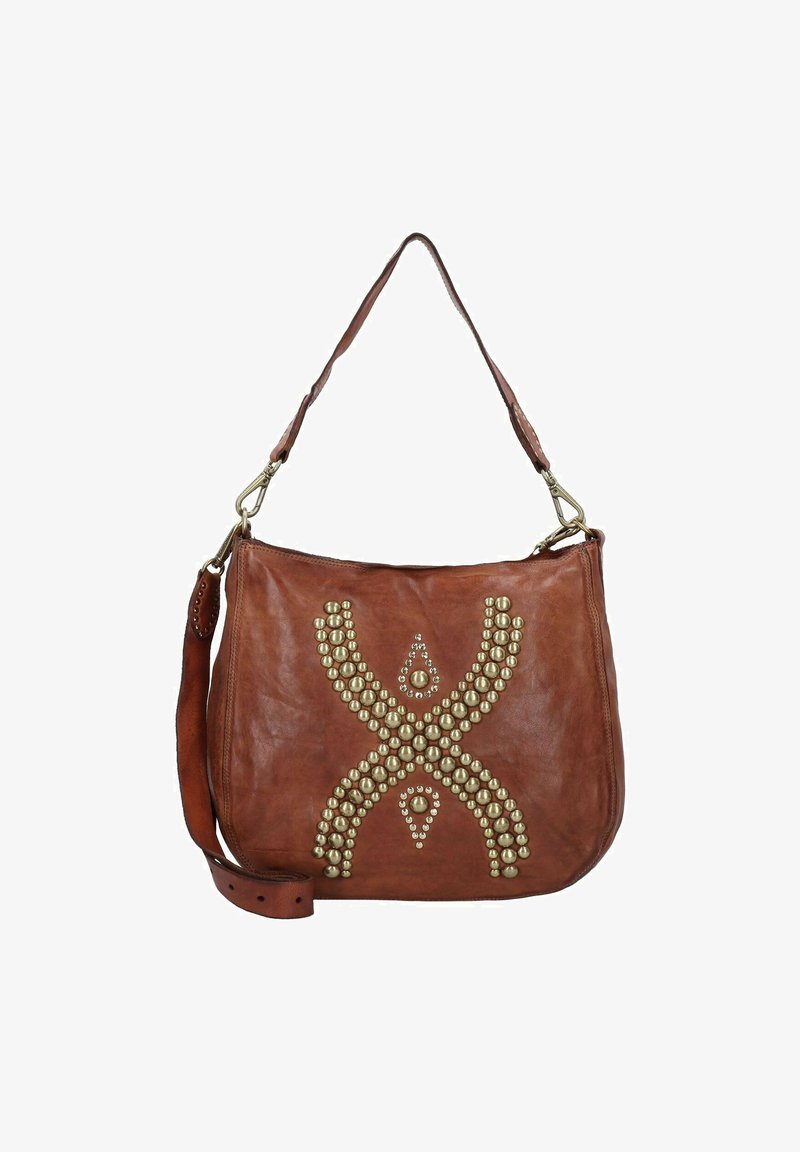 Sac à main en cuir marron avec une forme décontractée, présentant des clous métalliques dans un motif décoratif. Comprend une bandoulière pour le transport.