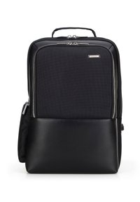 Sac à dos noir avec un tissu texturé sur le dessus et une section inférieure en cuir lisse. Doté de fermetures à double zip et d'une poignée sur le dessus pour un transport facile.