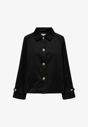 Melnā žakete ar pogām, garām piedurknēm, klasisku apkakli un aizpogājamiem aproču galiem, attēlota uz balta fona.