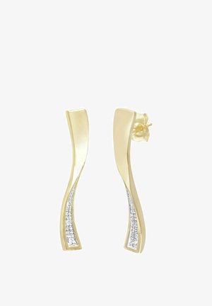 Øreringe i guldfarve med et bølget design, der har en række små, klare ædelsten langs den ene side. Glat overflade med poleret finish.