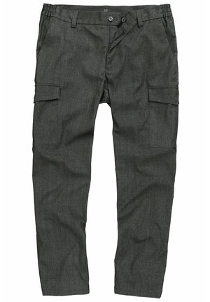 Graue Cargo-Hosen aus strukturiertem Stoff, ausgestattet mit mehreren Taschen, einem Knopfverschluss und einem elastischen Bund für eine verstellbare Passform.