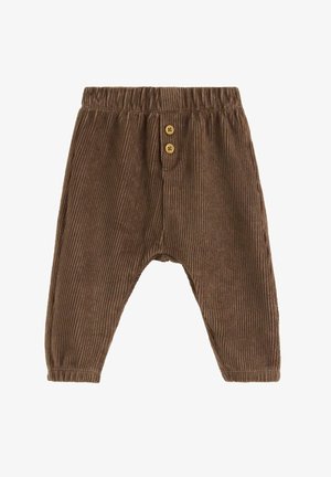 Brune fløjlsbukser med lodret ribbensstruktur, elastisk talje og to træknapper foran. Glat tekstur, tapered design.