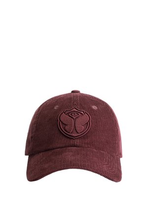 Maroon corduroy cap with a textured surface, featuring an embossed logo on the front and a curved brim. Adjustable strap at the back.