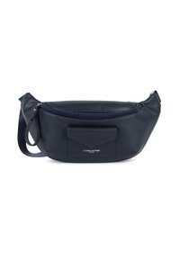 Borsa a tracolla in pelle blu navy con forma curva, chiusura a zip, tasca anteriore e una tracolla regolabile per maggiore comodità. I dettagli includono l'incisione del logo.