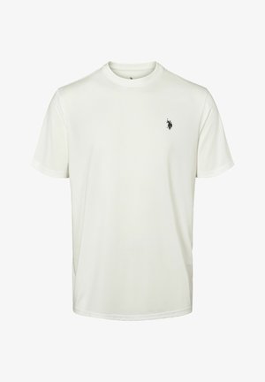 Koszulka z krótkim rękawem i okrągłym dekoltem, wykonana z lekkiej, gładkiej, białej tkaniny, z małym, ciemnym logo na lewej stronie klatki piersiowej.