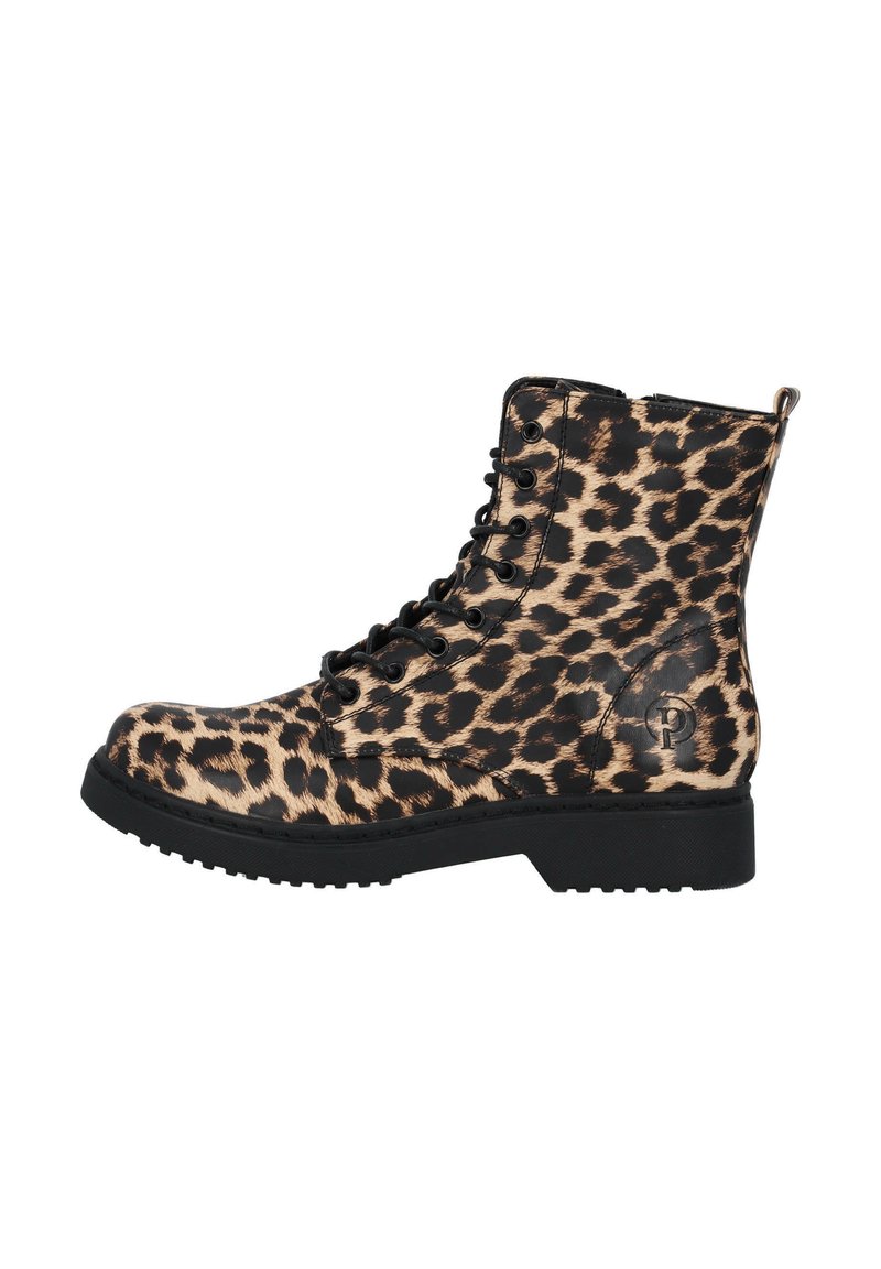 Anfibi in stampa leopardata con finitura lucida, design con lacci neri e suola in gomma resistente. Presenta un accento con logo sul lato.