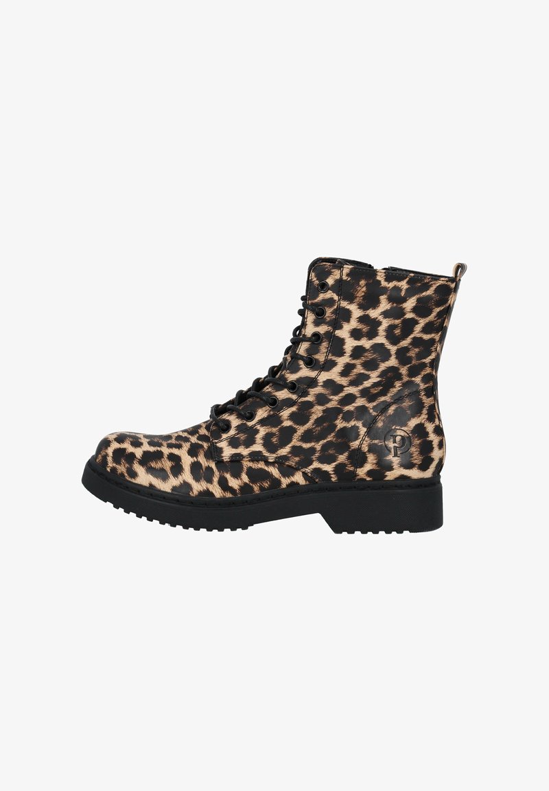 Botas hasta el tobillo con estampado de leopardo y acabado brillante, diseño negro con cordones y suela de goma resistente. Presenta un acento de logo en el lado.