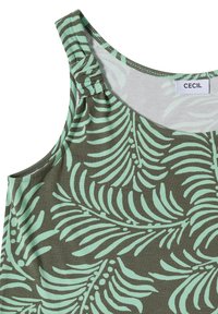 Haut vert sans manches avec motif de feuilles tropicales turquoise clair et bretelle froncée à l'épaule, avec un col rond et une étiquette cousue.