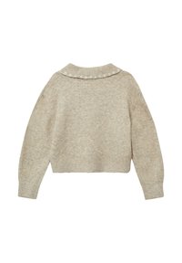 Beige, gebreid sweater met lange mouwen, cropped pasvorm en een gerimpelde kraag. Zachte textuur met een subtiel patroon. Geen knopen of extra details.