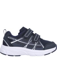 Scarpa sportiva navy con suola bianca, due cinturini in Velcro, tomaia in mesh e materiale sintetico caratterizzata da accenti geometrici e dettagli perforati.