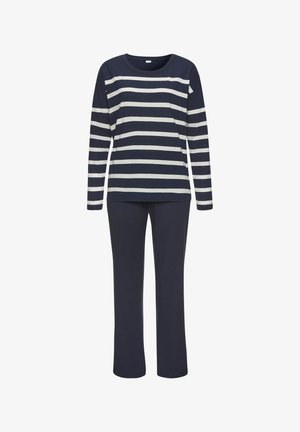 Längeres Oberteil mit Navy- und Creme-Streifen in Kombination mit passenden einfarbigen Marinehosen, gefertigt aus weichem Material mit lockerer Passform.
