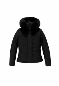 Giubbotto piumino nero con cappuccio staccabile in pelliccia sintetica nera, tasche con zip, design aderente e tessuto testurizzato per il calore.